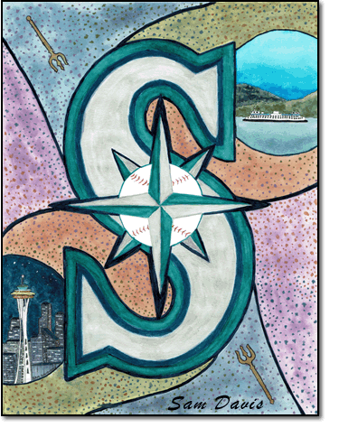 "Pacific Northwest Baseball - Seatle Mariners for Jody - Watercolor and Pen and Ink by Sam Davis, 2023.